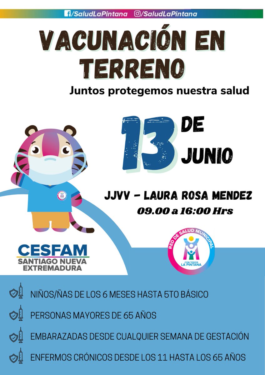 CESFAM_SNE's tweet photo. 🚨 VACUNACIÓN EN TERRENO 📣

El equipo de salud estará en terreno con un nuevo operativo durante esta semana 🚑. Estaremos vacunando contra la influenza a la población objetivo. 

🚶🏻¡Te invitamos a acercarte y vacunarte en cualquiera de los puntos mencionados! 💉

@SaludPintana https://t.co/AGK1d0Ofay