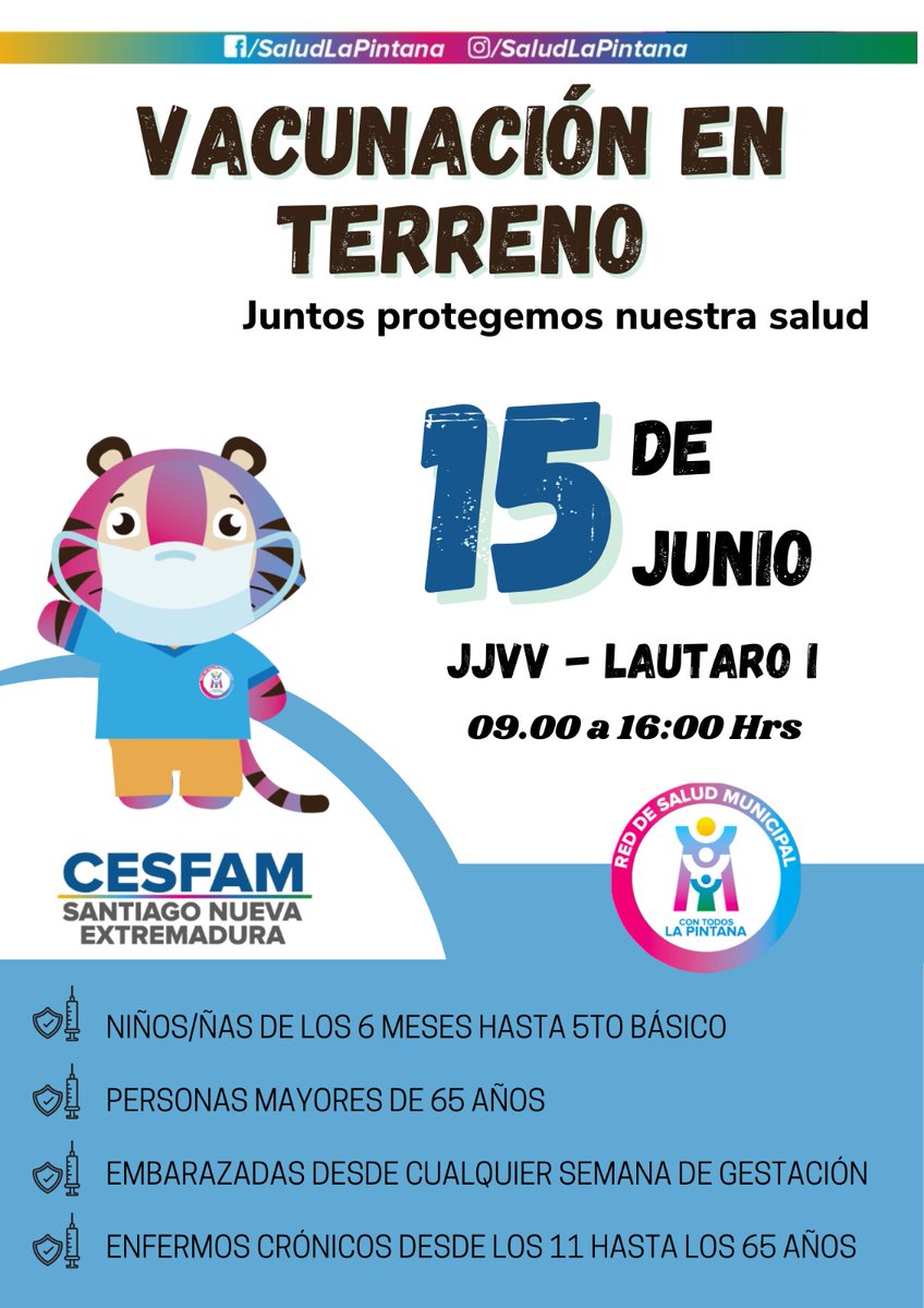 CESFAM_SNE's tweet photo. 🚨 VACUNACIÓN EN TERRENO 📣

El equipo de salud estará en terreno con un nuevo operativo durante esta semana 🚑. Estaremos vacunando contra la influenza a la población objetivo. 

🚶🏻¡Te invitamos a acercarte y vacunarte en cualquiera de los puntos mencionados! 💉

@SaludPintana https://t.co/AGK1d0Ofay