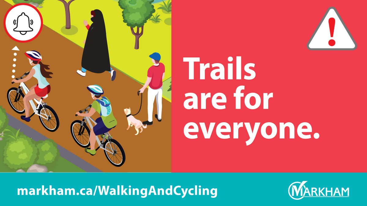 Be polite and respectful of others! #Markham trails are for everyone to enjoy. Cyclists, slow down, yield to walkers, use your bell and pass on the left! Walkers, stay to the right and be alert.

Learn more: markham.ca/WalkingAndCycl…

#StaySafe 
#MarkhamCares