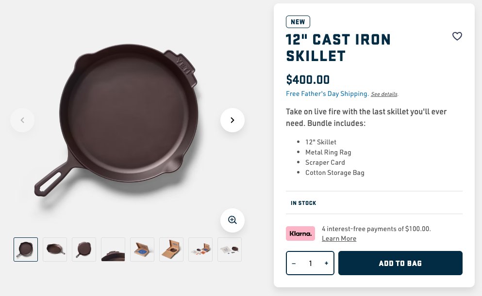 rhettolson's tweet photo. “Human sacrifice! Dogs and cats living together! Mass hysteria!”  @yeticoolers is selling a cast iron skillet for $400, WTF.  100 bucks would still be triple the cost of a great Lodge pan that will last a lifetime. https://t.co/Ls5SuZr4Xk