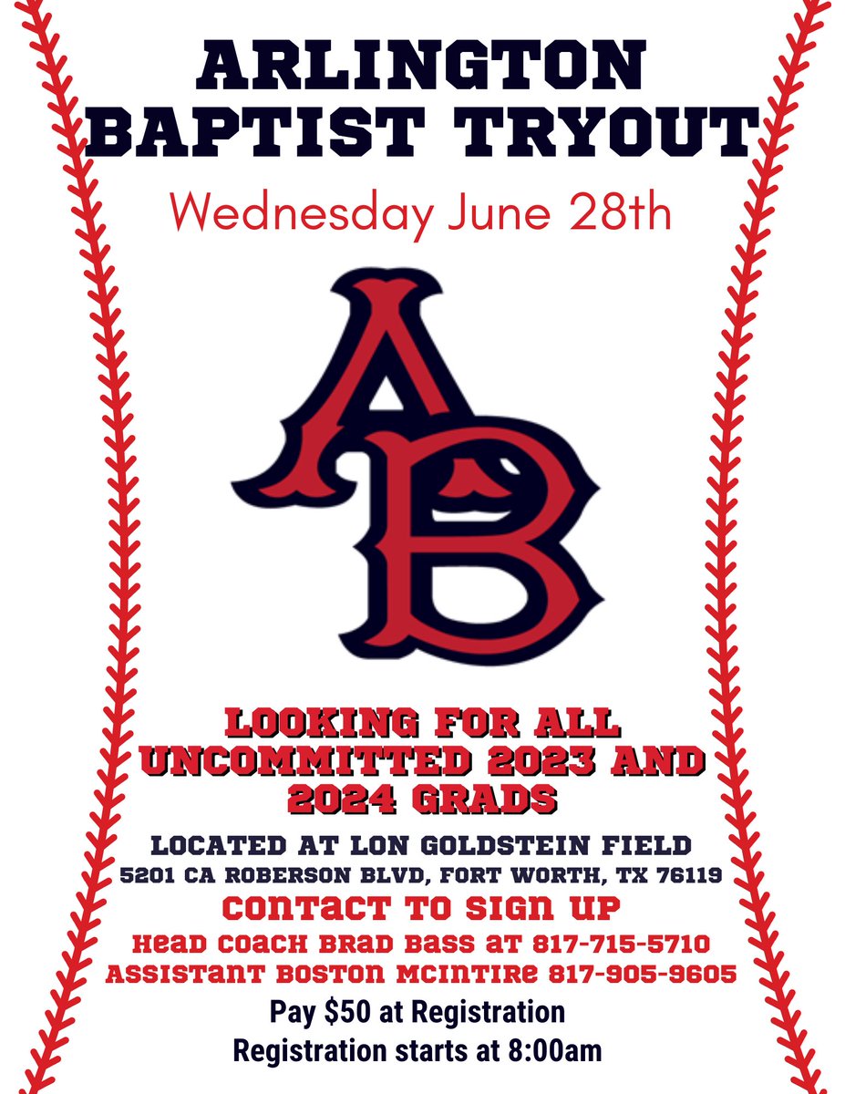 ABU Baseball (@baseballabu) on Twitter photo We will be hosting tryouts for uncommitted ā23s and ā24s! Please contact us if you are wanting to sign up!
#patriotswin #patriotsaredialed
<a href="/BUncommitted/">Baseball_Uncommitted</a> <a href="/CodyBurkhalter/">Cody Burkhalter</a> <a href="/boston_mcintire/">Boston McIntire</a> <a href="/CSWBaseball/">Central Southwest Baseball Conference</a> <a href="/ABUPatriots/">ABU Patriots</a> <a href="/TheNCCAA/">NCCAA</a> We will be hosting tryouts for uncommitted ā23s and ā24s! Please contact us if you are wanting to sign up!
#patriotswin #patriotsaredialed
<a href="/BUncommitted/">Baseball_Uncommitted</a> <a href="/CodyBurkhalter/">Cody Burkhalter</a> <a href="/boston_mcintire/">Boston McIntire</a> <a href="/CSWBaseball/">Central Southwest Baseball Conference</a> <a href="/ABUPatriots/">ABU Patriots</a> <a href="/TheNCCAA/">NCCAA</a>
