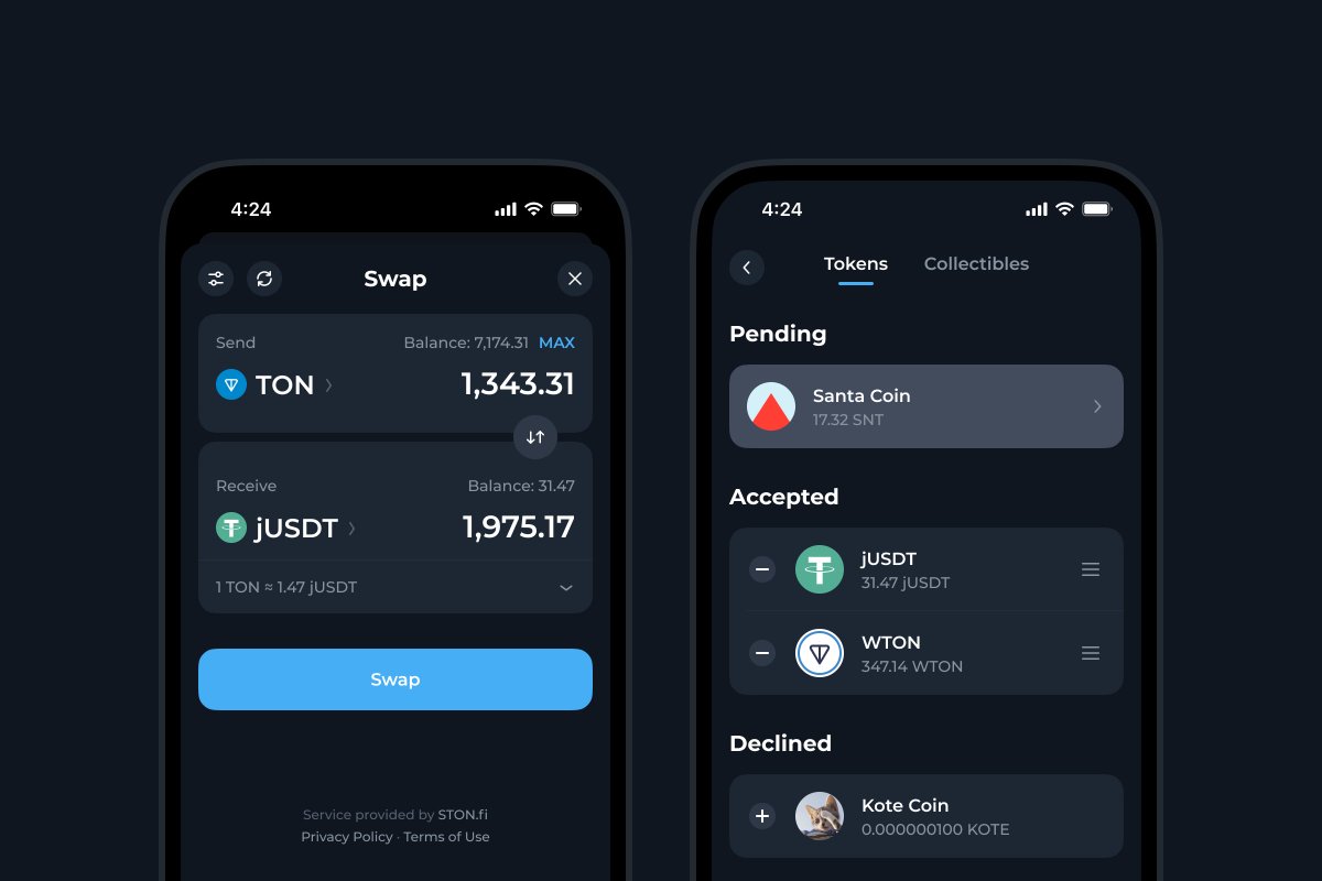 Tonkeeper 3.2 brings first-class support for token swaps: swap tradable assets on the TON within seconds with low fees into the wallet. Swapping tokens is easy: tap 'Swap' button at the top of the screen, then choose a pair of tokens, and confirm the transaction.