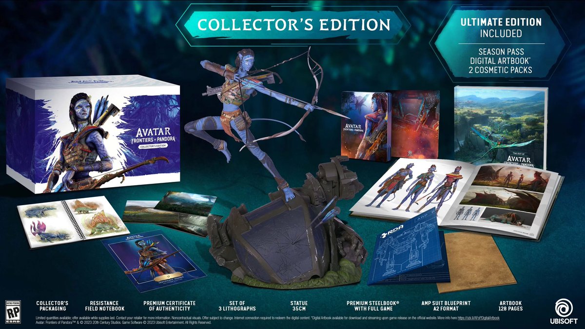 Frontier of Pandora will have a Collector’s Edition which includes a statue of the main character, a Resistance field notebook, a certificate of authenticity, three lithographs, a Steelbook case, a copy of the game, an AMP Suit blueprint and a 128-page artbook. #AvatarFrontiers