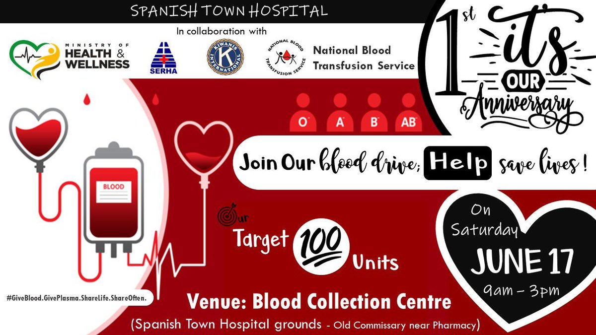 theserhajm's tweet photo. Join the Spanish Town Hospital blood drive and help save a life on Saturday, June 17, 2023 at the Blood Collection Centre (on the hospital grounds) from 9:00 am - 3:00 pm #Giveblood #Giveplasma #Sharelife #ShareOften 

@themohwgovjm @wrhagovjm @mohnerha @SRHAJamaica https://t.co/E0CZat0rJL