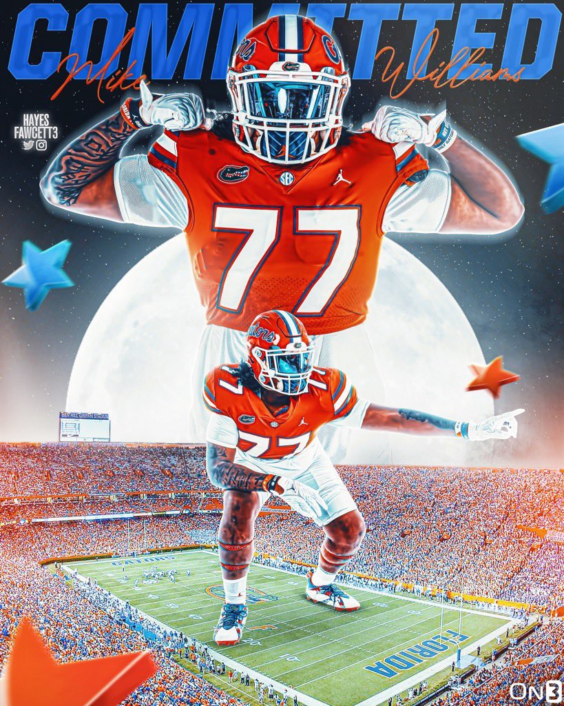 IAKOWRecruiting's tweet photo. BREAKING NEWS 🚨 

OL Mile Williams has committed to the Florida Gators. Williams is the first offensive lineman to join the class. Let’s all welcome Mike to Gator Nation 🐊 https://t.co/Bj0Eg5L0zL