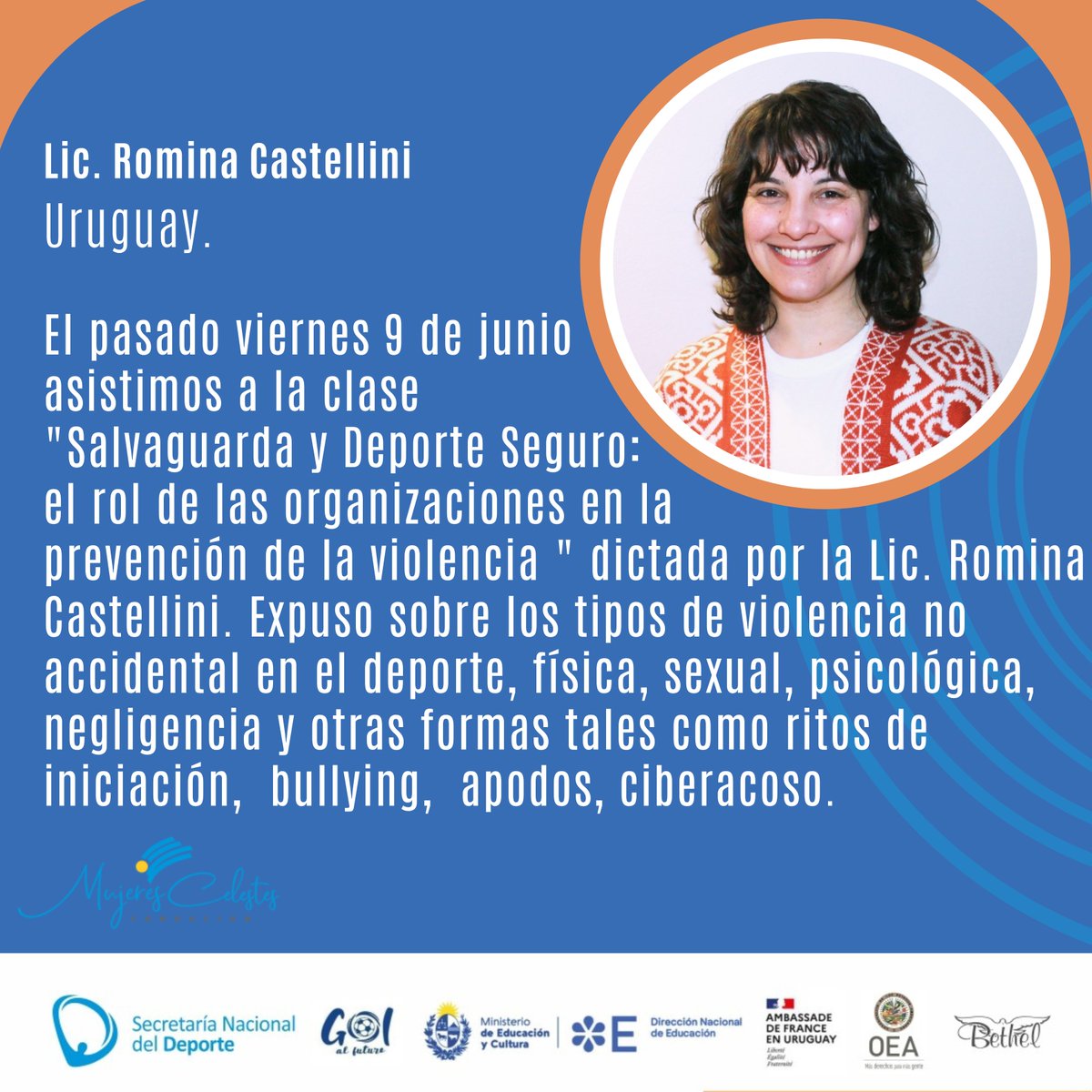 mujerescel's tweet photo. El pasado viernes 9 de junio asistimos a la clase "Salvaguarda y Deporte Seguro: el rol de las organizaciones en la prevención de la violencia " dictada por la Lic. Romina Castellini. https://t.co/skKiZ6jlNh
