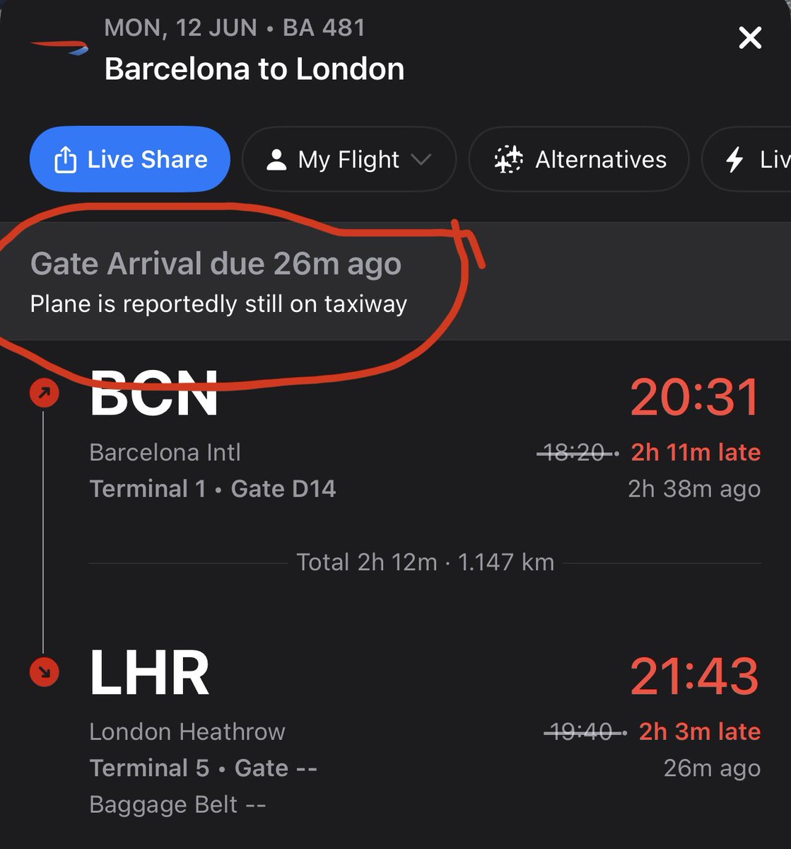 BritishLateways's tweet photo. The day goes on… We’ve been waiting inside the plane after we landed at LHR for almost 30min waiting for a gate. @British_Airways you truly don’t care about your customers. With this is +3h of delay. @UK_CAA when is it enough!? https://t.co/oPYw3LGHWB
