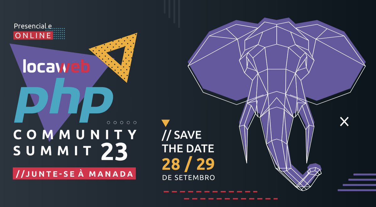 marcelgsantos's tweet photo. Nos dias 28 e 29/set vai acontecer o #PHP Community Summit 2023. Serão 2 DIAS de evento, 2 TRILHAS de palestras e PALESTRANTES INCRÍVEIS. Não perca a OPORTUNIDADE de estar ao lado de referências da área. Os ingressos são limitados e estarão disponíveis para a vende em breve. 😍🐘 https://t.co/e7gD8WzGs9