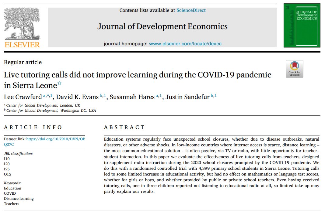 'Live tutoring calls did not improve learning during the COVID-19 pandemic in Sierra Leone' is now out at the Journal of Development Economics! sciencedirect.com/science/articl… by @LeeCrawfurd, @SusannahHares, @JustinSandefur, and me