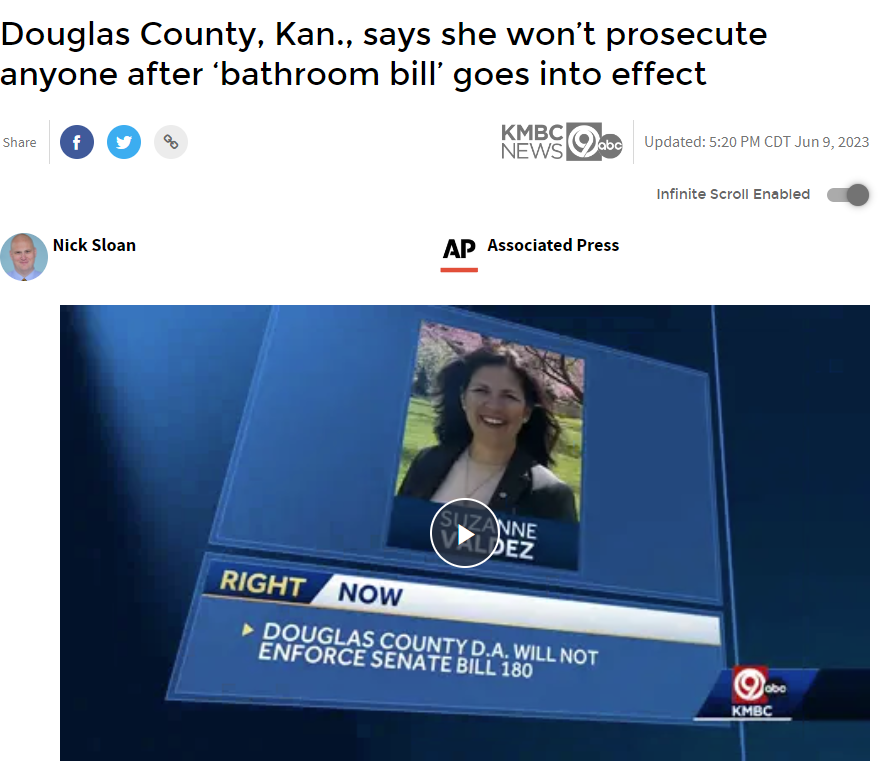 Douglas County, Kansas prosecutor, the county that contains Lawrence, Kansas, has declared that she will not enforce Kansas' trans bathroom ban in the state and will not prosecute anyone for the "crime."