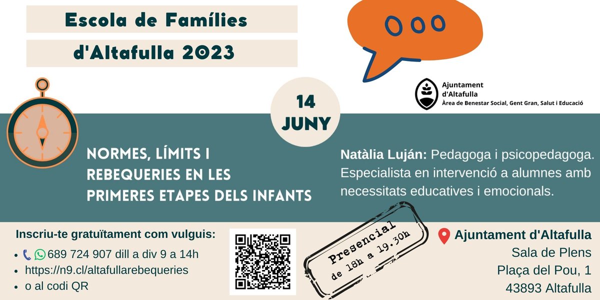 Aquest dimecres acompanyem les famílies dels més petits d'Altafulla de la mà de la pedagoga Natàlia Luján  Inscripció gratuïta. #normesilimits #rebequeries