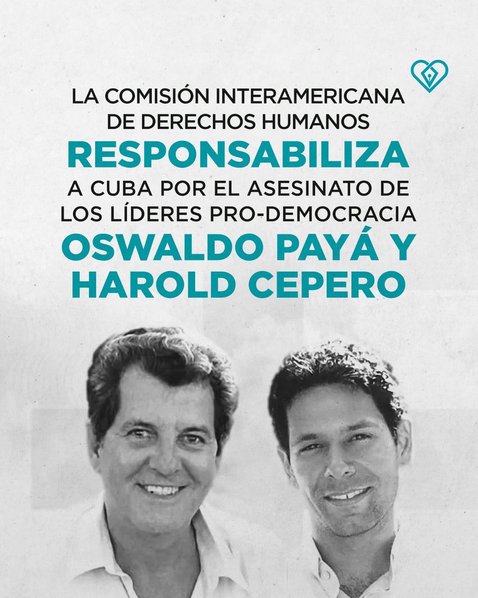 La @CIDH responsabilizó al Estado cubano por el asesinato de los líderes Oswaldo Payá y Harold Cepero. Decision histórica luego de más de 10 años de investigación. cubadecide.org/2023/06/comisi… #PayaVive