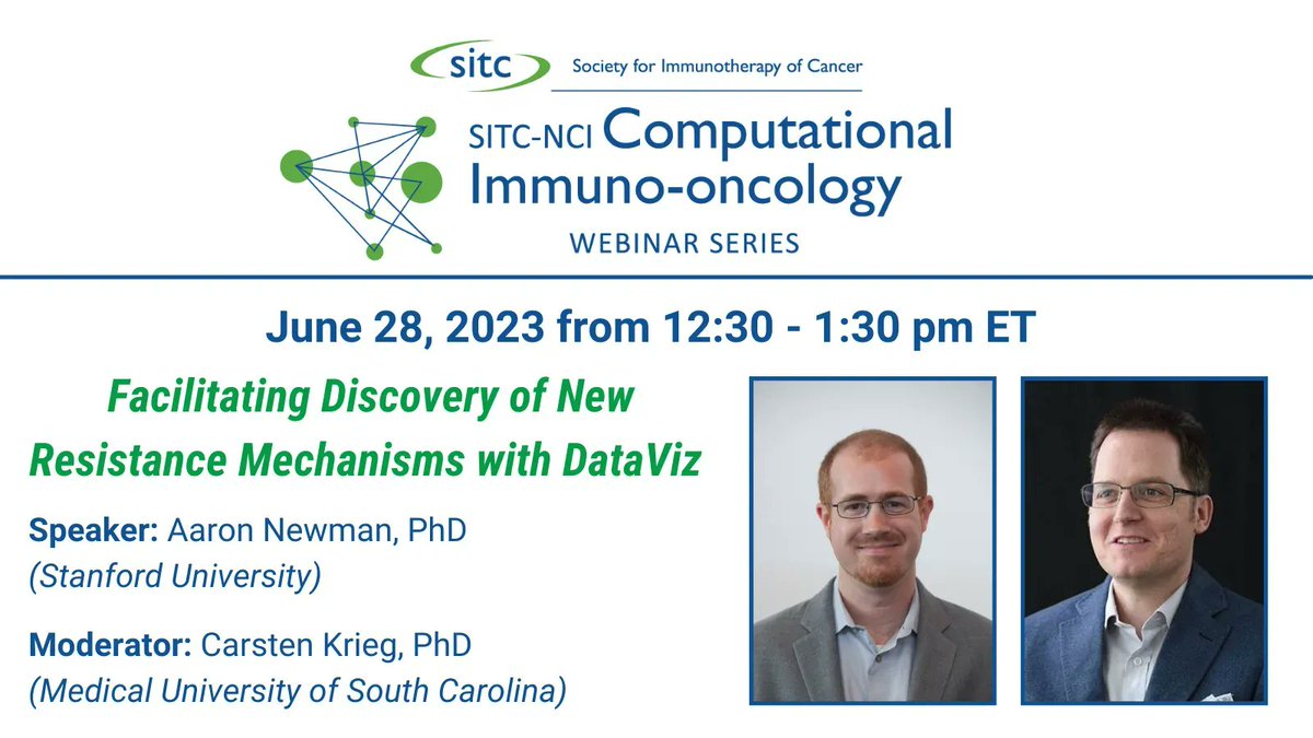 On June 28 at 12:30 pm ET in an @theNCI & @sitcancer computational #ImmunoOncology webinar, @AaronNewmanLab @Stanford will discuss how #dataviz can be used to discover #treamentresistance mechanisms in cancer. sitcancer.org/education/webi…