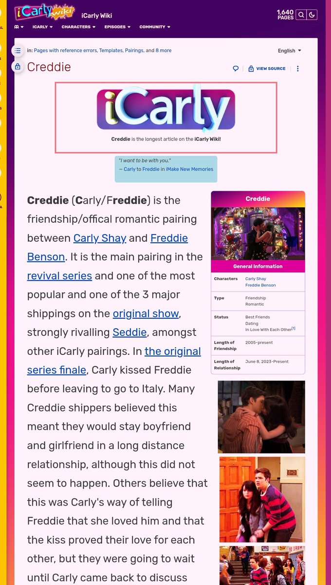 #Creddie is the longest article on the #iCarly wiki 🥳❤️