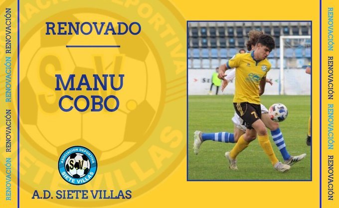 ✍RENOVACIÓN ‼✅

Nuestro capitán Manu Cobo defenderá un año más la camiseta del AD Siete Villas. 

¡¡A seguir disfrutando de la ⚽️ y de tu club, Manu!!  🟡🔵