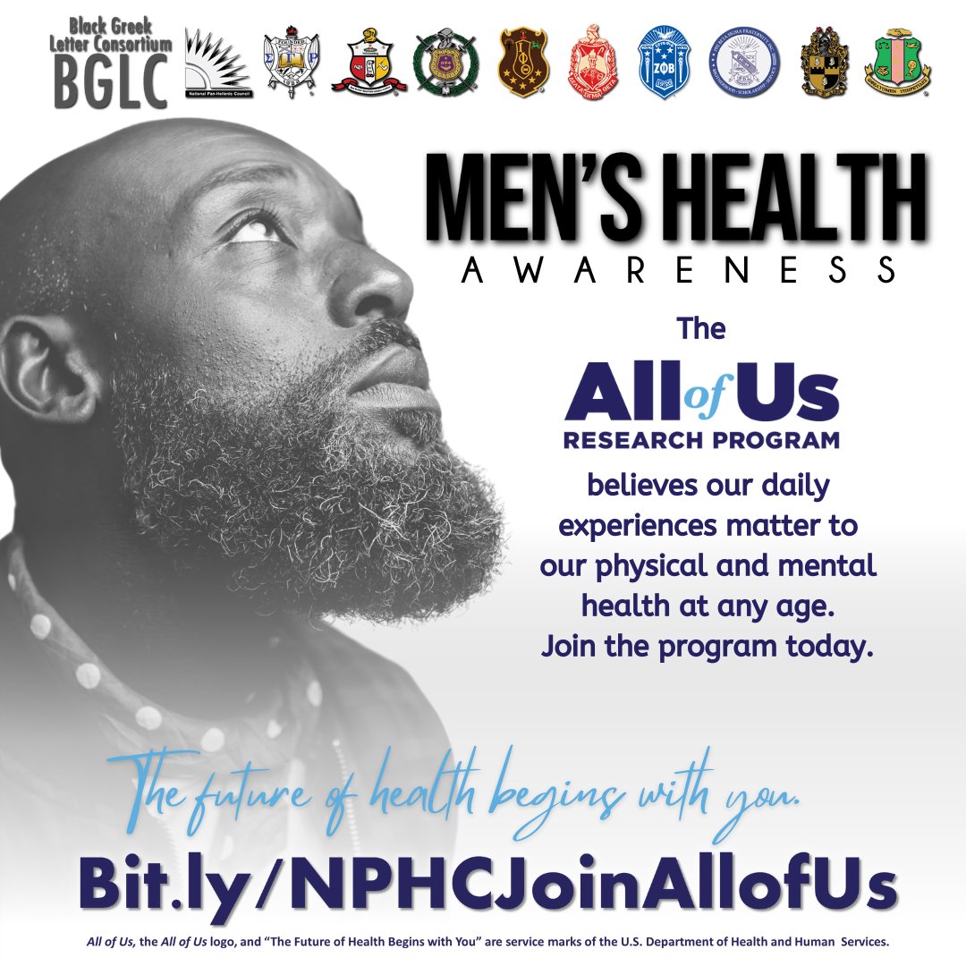 The All of Us Research Program believes our daily experiences matter to our physical and mental health at any age. Learn more by visiting bit.ly/NPHCJoinAllofUs and enrolling today! #joinallofus #bglc #AKA1908 #medicalresearch #menshealth #ptsdawareness