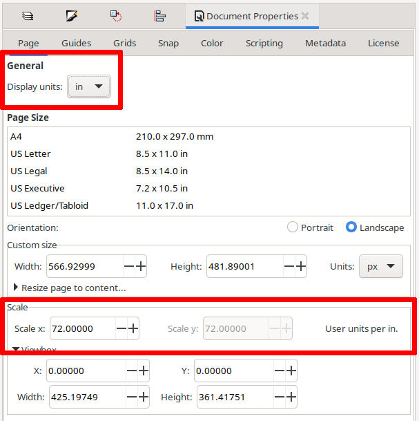 ExtantBogon's tweet photo. To get the correct scale:
Go to document properties.
Under General, set display units to inches.
Under Scale, set the scale to 72 units per inch.
Then set the display units to millimeters because eww inches. https://t.co/QUSL7s8C5N