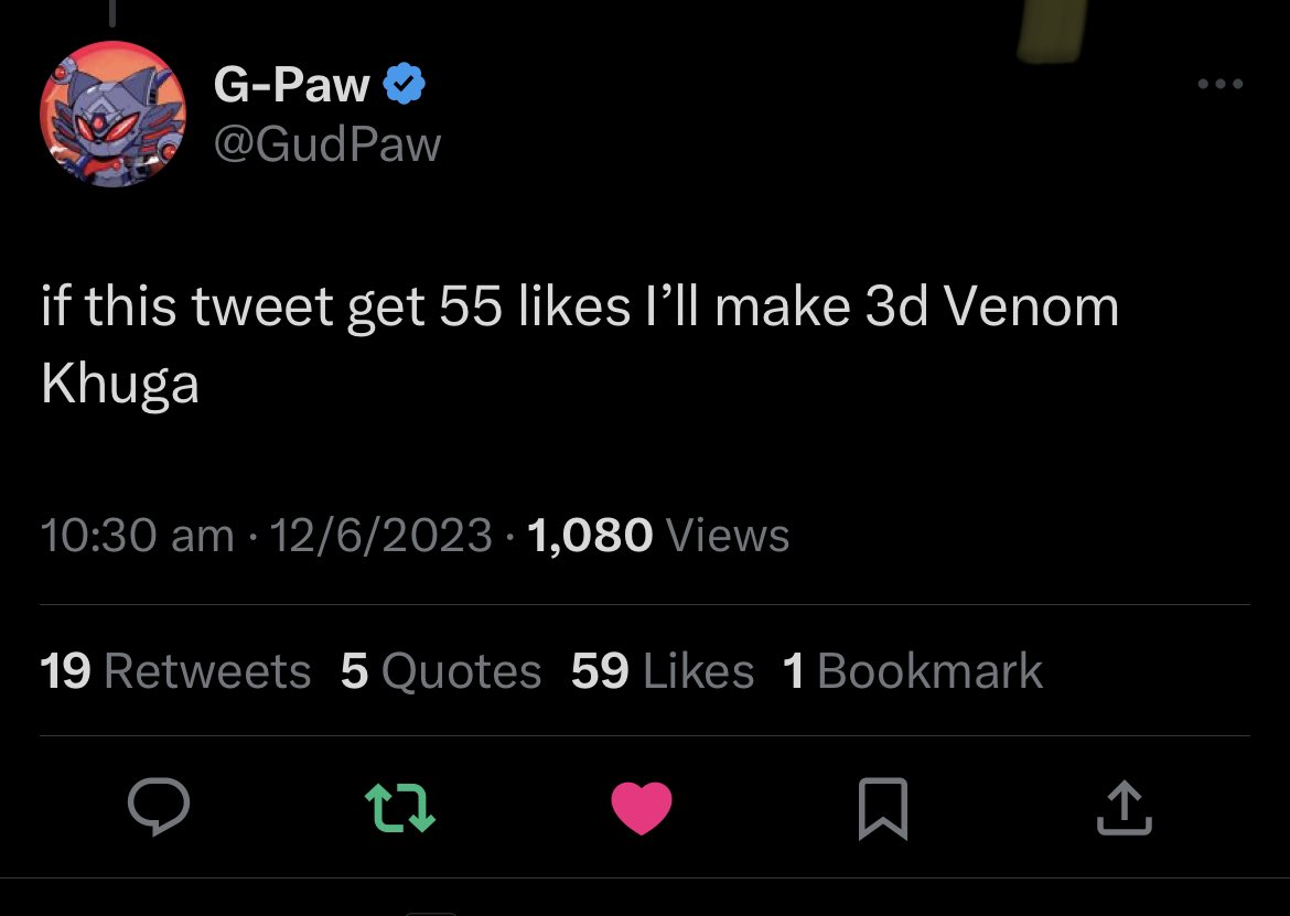dxxmsamurai's tweet photo. @Olynxes @KhugaNFTs 59 Likes babyyy! Can’t wait to see your Venom in 3D! https://t.co/CIuTrr7aw0