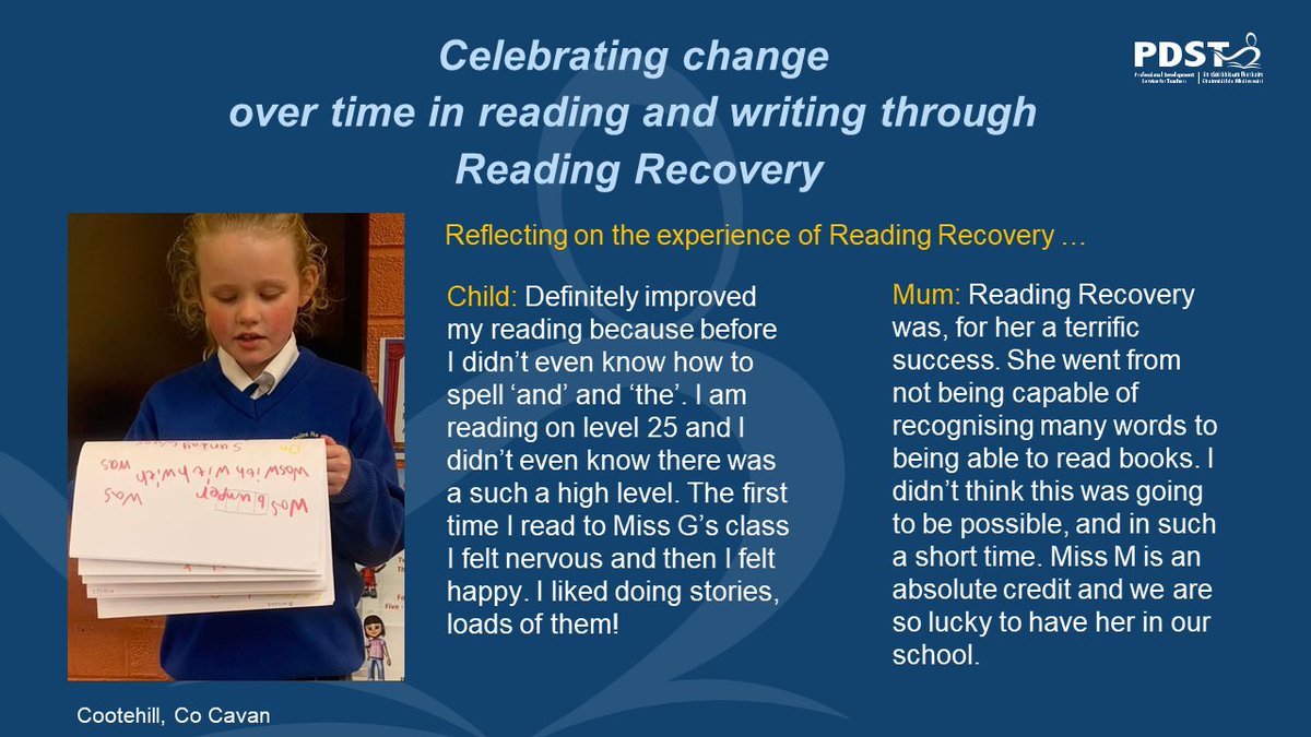 ReadRecEurope's tweet photo. Reflections on #Literacy progress as a result of a short series of #ReadingRecovery lessons. 
Child: 'I am reading on level 25 and I didn't even know there was such a high level'. 
Mum: 'Reading Recovery was, for her, a terrific success'. 
#RRECelebration @uclnews @PDSTLiteracy https://t.co/ugQbAYEPhU