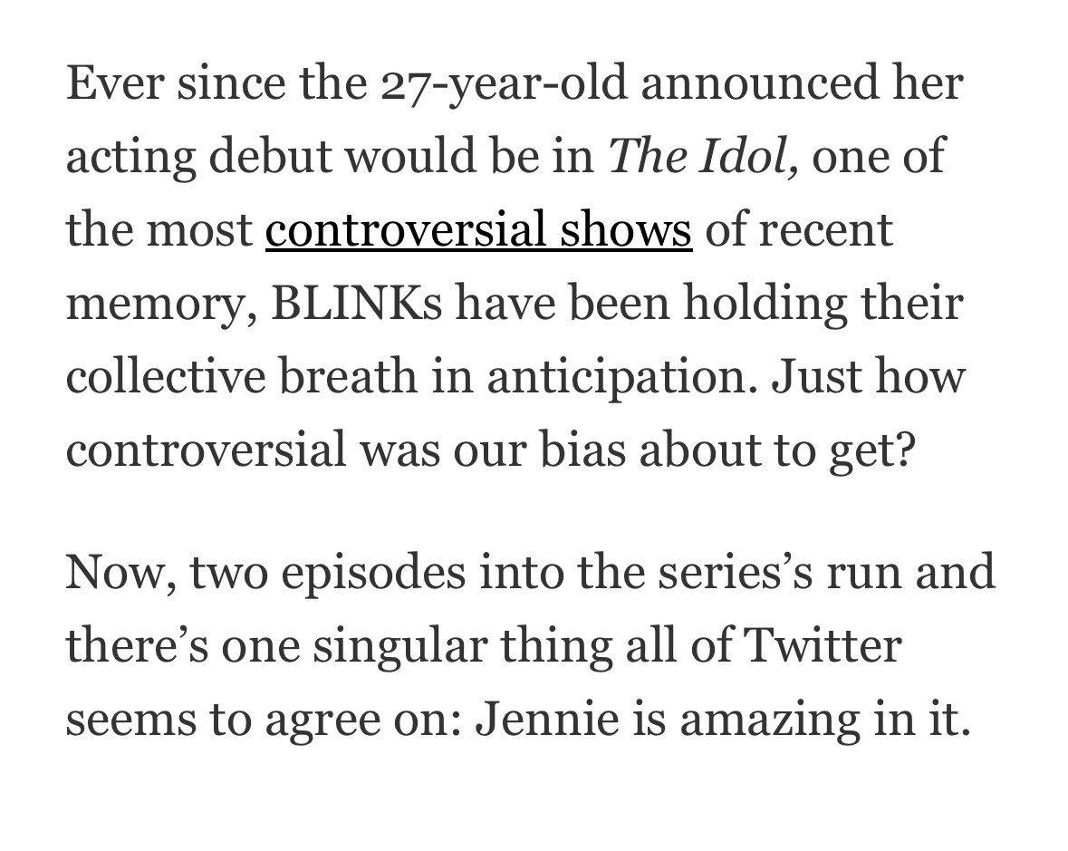 pour_jennie's tweet photo. “Jennie is amazing in it”

“Kim’s acting debut is turning out to be one of the brightest spots of the series”

“Even in a cast so stacked with talent, Jennie stands out in her (all too brief) scenes.”

-Glamour Mag https://t.co/TgGr5ae0Du