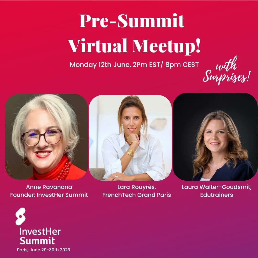 Our Pre-Summit Virtual Meetup is starting in 1 hour ⏰!  Find out → What’s going to happen at this year’s #investhersummit2023, Paris 🇫🇷, why it's going to be a MUST ATTEND event + what’s in it for YOU 🙌🏻 Join us LIVE, sign up here → bit.ly/InvestHerSummi… #CommunityIsCapital
