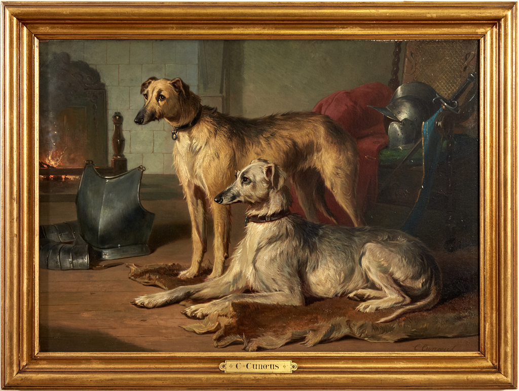 Stare down the week with the same determination as these Scottish Deerhounds!
This gorgeous painting by Conradijn Cunaeus shows a pair of these formidable dogs resting by the fireplace. Perhaps taking it easy after a hunt or anxiously awaiting the next one?