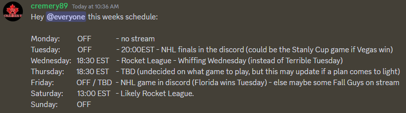 cremery89's tweet photo. This weeks schedule. some things may change based on the Hockey Playoffs and figuring out what game to play Thursday. 

ps. Keep being friggin' amazing https://t.co/o3pEqckxhF