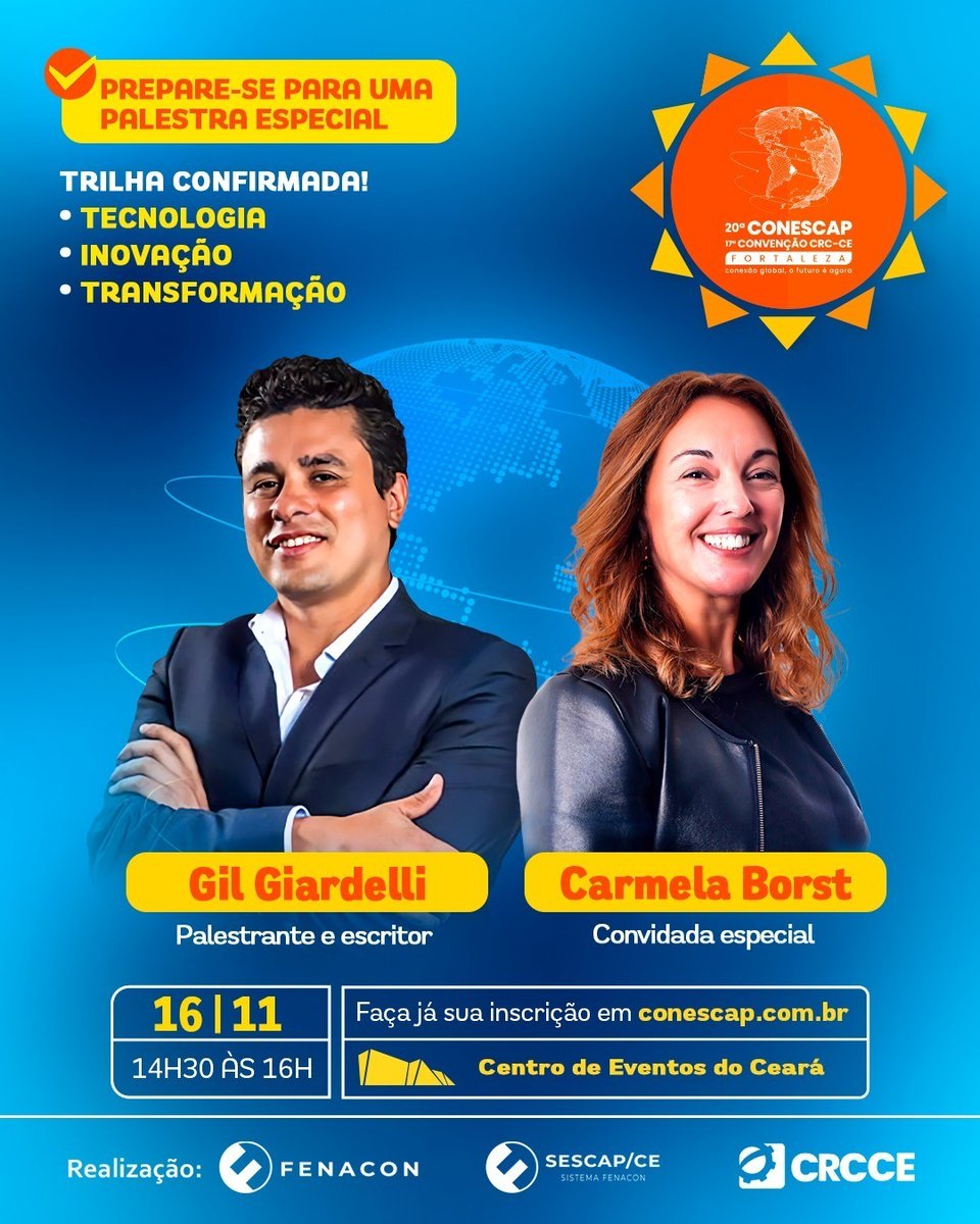 Fenaconfed's tweet photo. No dia 16 de novembro, Gil Giardelli ministrará uma palestra enriquecedora na 20ª Conescap e 17ª Convenção CRC-CE, e terá como convidada especial Carmela Borst.

Inscreva-se: https://t.co/pYrE0eqO68

#Conescap #20ªCONESCAP #conhecimento #networking #Inovação #Empresários https://t.co/nB5DqIZsYe