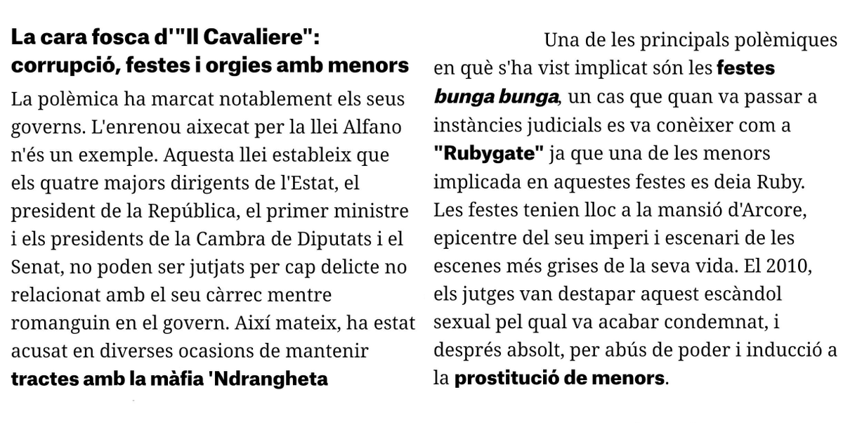 FanaletFernando's tweet photo. Una mica de tot i res de bo
Ens ha deixar #SilvioBerlusconi, un #mafios de l'#extremadreta a #ITALIA🇮🇹 amb #forzaitalia, on destaca l'afer #BungaBunga o #RubyGate contra dones joves
@Albert_SFR https://t.co/9ySoyk725t