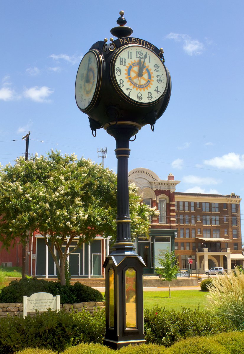 Photo of the Palestine City Clock in Palestine, Texas. The clock, which is a beautiful and historic landmark, was built in 1903 by the E. Howard &amp; Co. of Boston, Massachusetts. It is a four-faced clock, with each face measuring 12' in diameter. @palestinetx

📸 by Danny Pickens