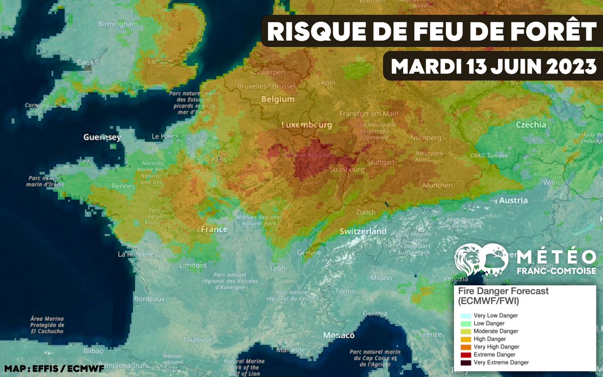 🔥🌳 [#FeuDeForêt] 👩‍🚒 Le #risque de feu de végétation deviendra 'très élevé' ce mardi 13 juin 2023 ! Après 30 jours sans pluie dans le Nord-Est de la France, les fortes #chaleurs et la bise (à 40km/h) rendront cette journée à haut risque en Lorraine. #Fire #Secheresse