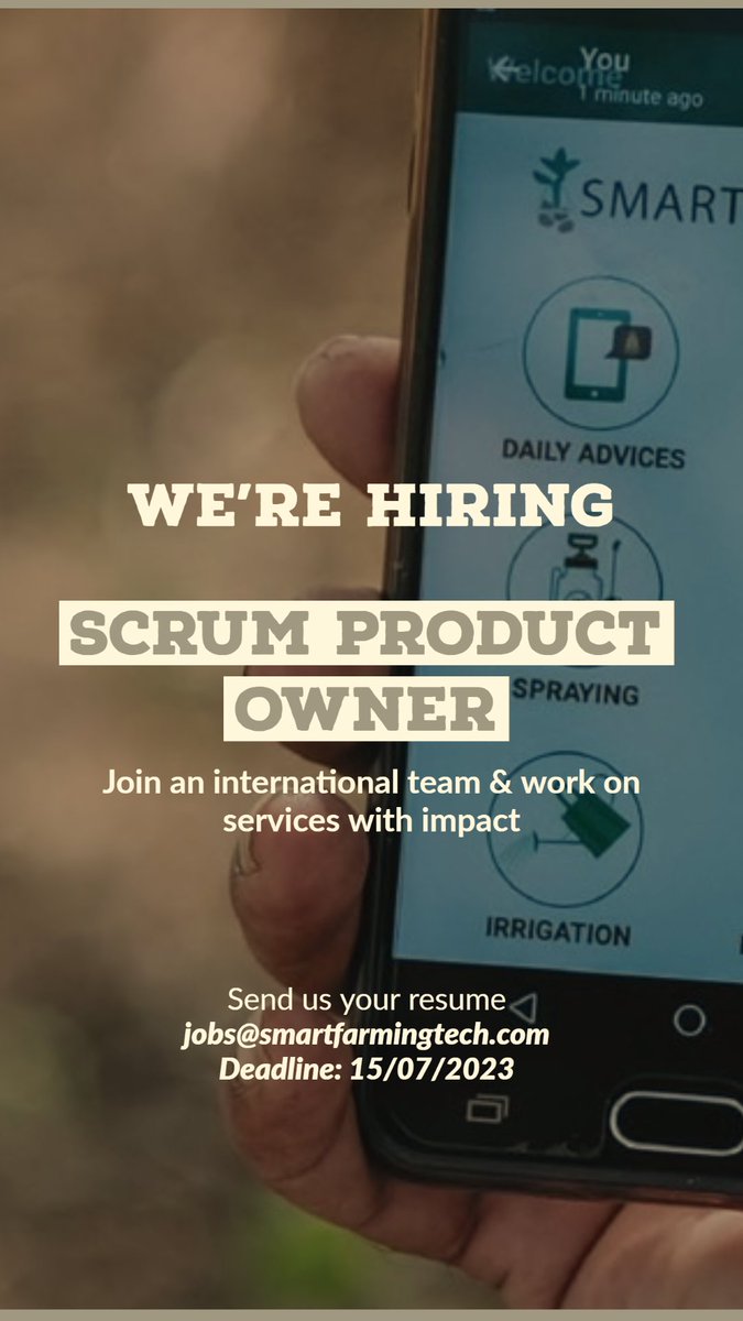 🚀 Exciting Opportunity Alert! 🚀
Become a Scrum Product Owner at SmartFarming BV and drive innovation in the digital-agro-food sector.  
See; lnkd.in/efpcfxXP or lnkd.in/ePbkvyR4