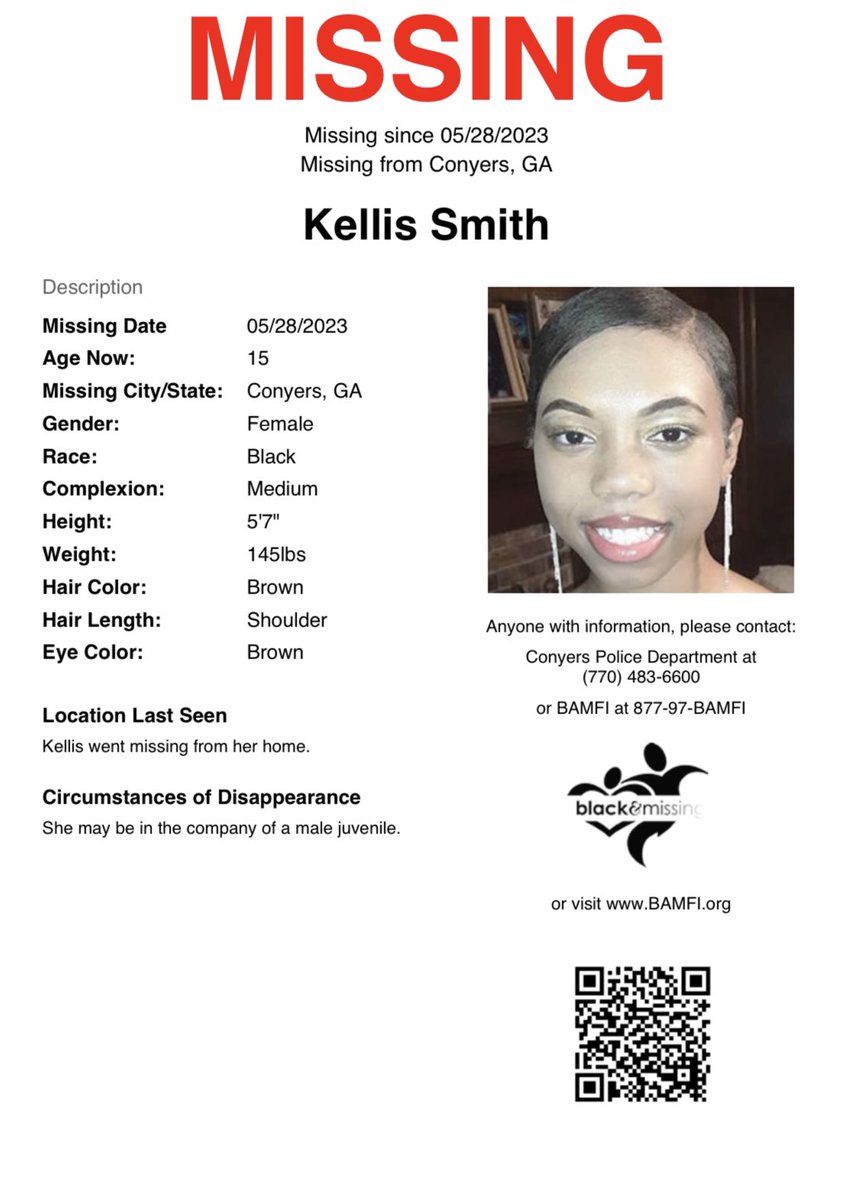 Conyers, GA: 15 y/o Kellis Smith went missing from her home on May 28th. She may be in the company of a male juvenile. #HelpUsFindUs #KellisSmith