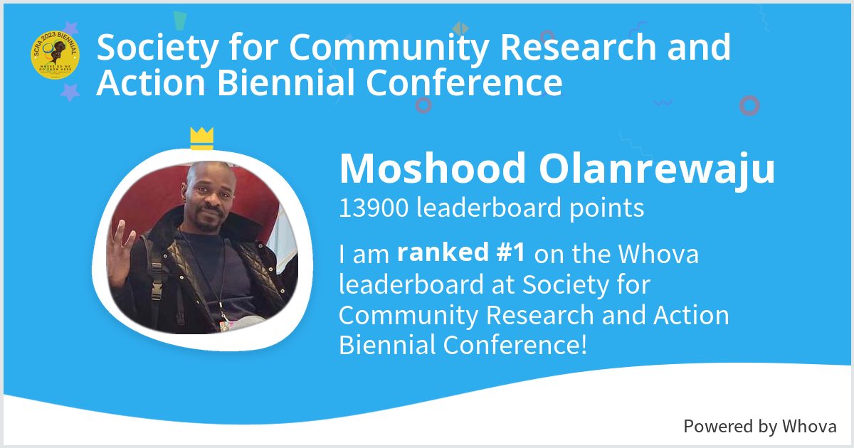 I ranked #1 on the Whova leaderboard at Society for Community Research and Action Biennial Conference! #Biennial2023 #SCRA2023 #SCRAATL - via #Whova event app