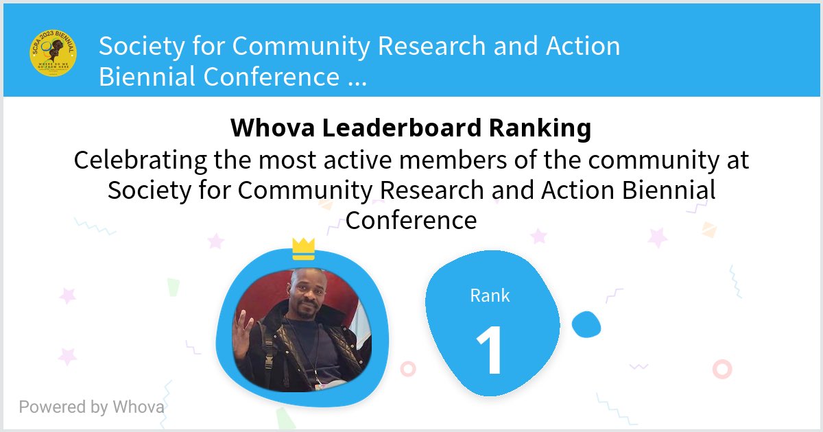 I ranked #1 on the Whova leaderboard at Society for Community Research and Action Biennial Conference! #Biennial2023 #SCRA2023 #SCRAATL - via #Whova event app