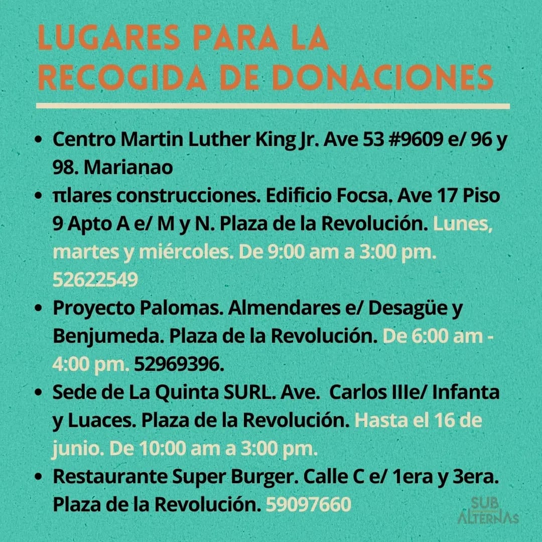 sub_alternas's tweet photo. 🚨Desde #Subalternas nos solidarizamos con las personas afectadas por las lluvias en las provincias centrales y orientales, y queremos amplificar las iniciativas de ayuda comunitaria que circulan en redes sociales. #FuerzaCuba👇🏽 https://t.co/63mOafrk15