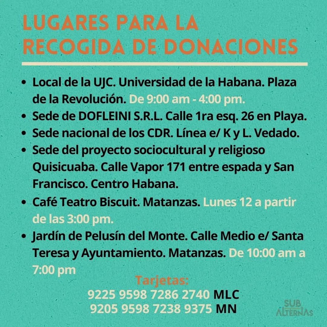 sub_alternas's tweet photo. 🚨Desde #Subalternas nos solidarizamos con las personas afectadas por las lluvias en las provincias centrales y orientales, y queremos amplificar las iniciativas de ayuda comunitaria que circulan en redes sociales. #FuerzaCuba👇🏽 https://t.co/63mOafrk15