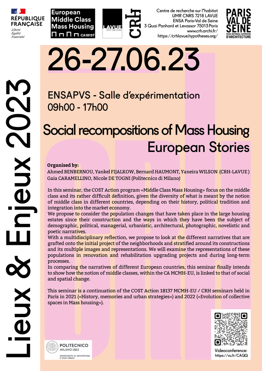 mcmh_eu's tweet photo. #Seminar #Lieux_&amp;_Enjeux #Social_recompositions of #Mass_Housing, European Stories - https://t.co/uLyoakwr1m
By @CRH_LAVUE @ensapvs &amp; @polimi
@COSTprogramme @dinamiacetiul @VU_LT @UAHes @TechnionEdu @la_UPC @DICIVUnisa @FAO @Sc_Po_Rennes @SorbonneParis1 @UKIMedumk @Univerzitet_BG https://t.co/Qf7U9OXdL9