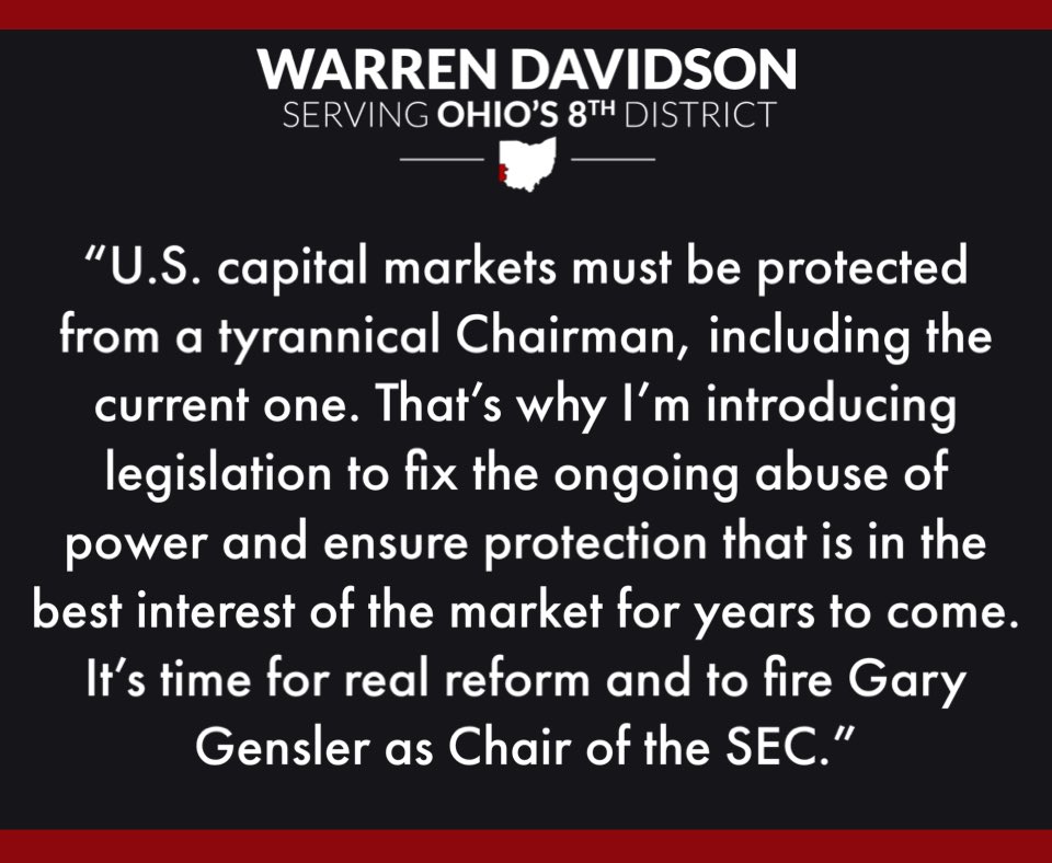 🚨 NEWS - Today I filed the SEC Stabilization Act to restructure the @SECGov and #FireGaryGensler. U.S. capital markets must be protected from a tyrannical Chairman, including the current one. It’s time for real reform and to fire @GaryGensler as Chair of the SEC. Statement ⬇️