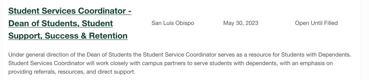 📢 & RT: FTE in Student Services / serving 'as a resource for  Students with Dependents' here @CalPoly   
Job#: 528338
Job ad: lnkd.in/gek83aje
Anticipated Hiring Range: $60,312 - $70,704
#StudentsWithDependents
#HigherEdJobs
#StudentAffairs
#StudentParents