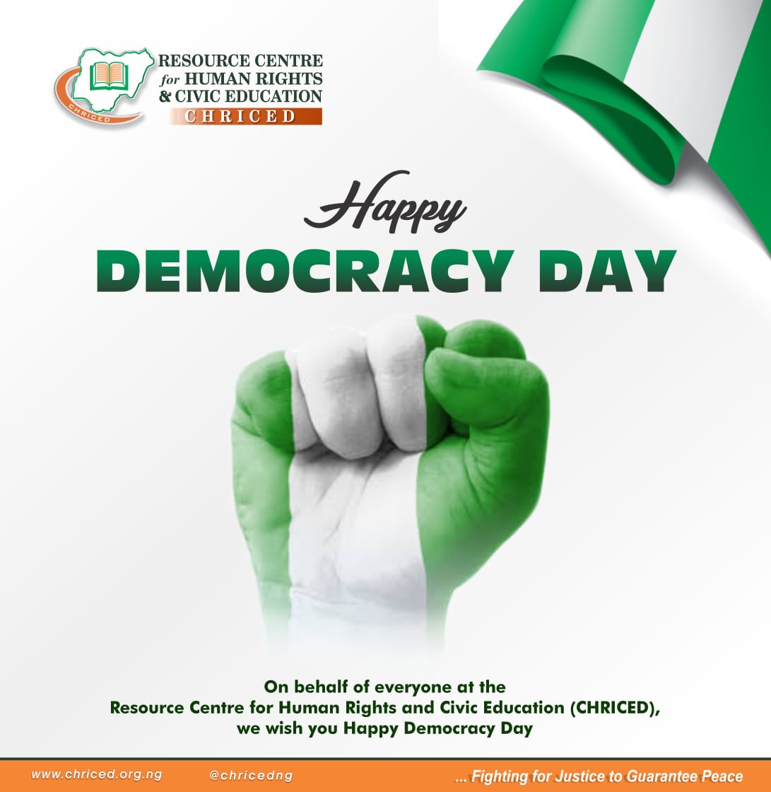 #PressStatement
June 12, 2023
Democracy Day: CHRICED Tasks Citizens on Participation, Anti-Corruption

Full text👉rb.gy/lu2gm

Federal Republic of Nigeria #DemocracyDay2023 #June12th