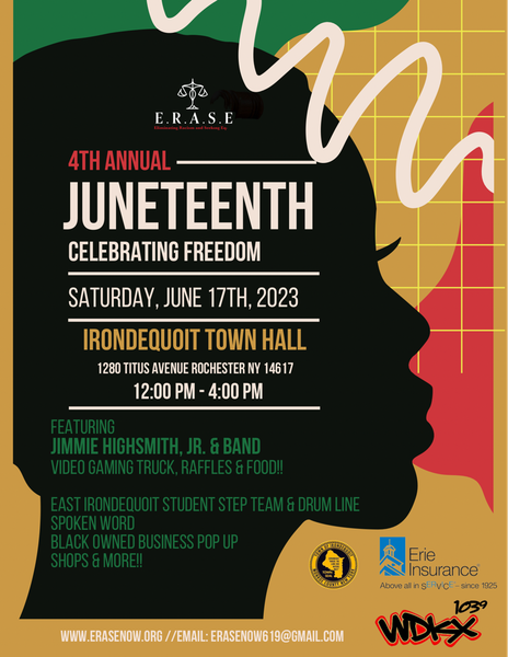 WestIrondequoit's tweet photo. TOWN-WIDE EVENT: The 4th annual Juneteenth Celebrating Freedom event is this Saturday at the Irondequoit Town Hall from noon - 4 PM. There will be live music, raffles, food and more! It's sponsored by E.R.A.S.E. https://t.co/NkHESjvGe7

@ERASENOW619 
@irondequoit_ny https://t.co/WzcNQNWRjz