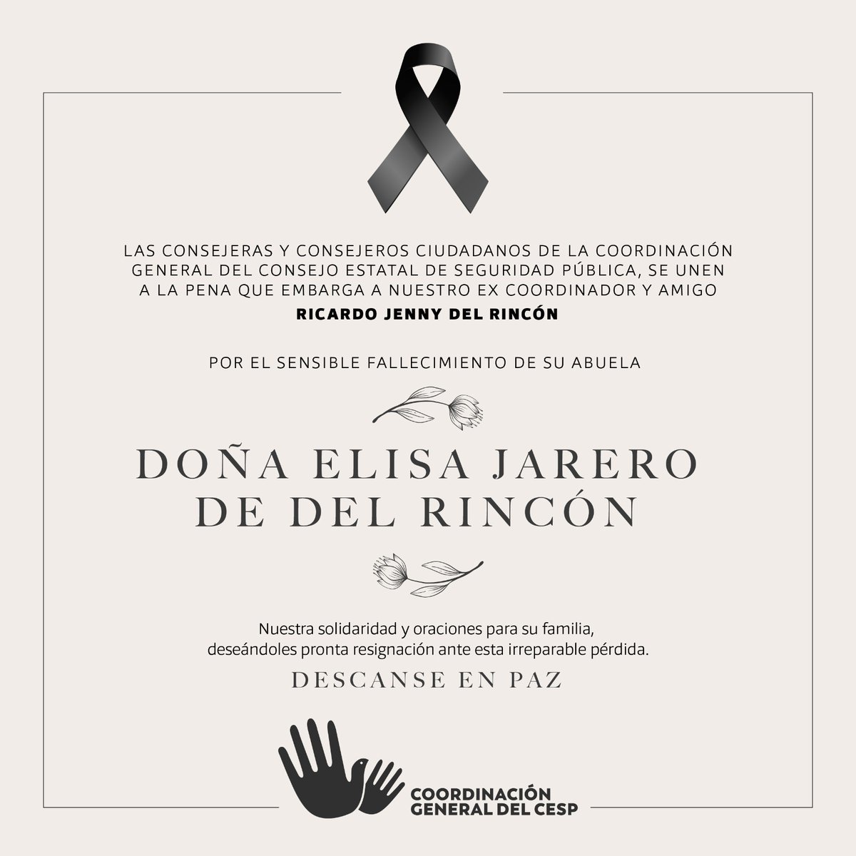 CGCesp's tweet photo. Nos unimos a la pena que embarga a nuestro ex coordinador y amigo Ricardo Jenny Del Rincón por el fallecimiento de su abuela, Doña Elisa Jarero de Del Rincón.

Elevamos nuestras oraciones deseando pronta resignación a sus familiares y amigos ante esta lamentable pérdida. 🕊 https://t.co/1VfNrnKzi7