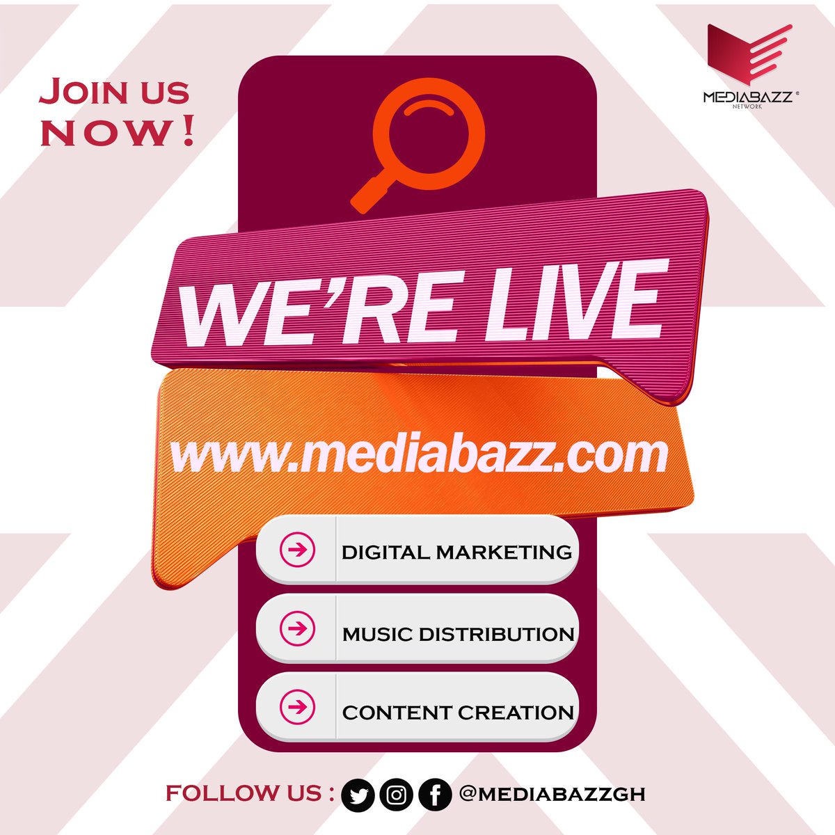 We're live, bigger, better &amp; Stronger‼️( MEDIABAZZ NETWORK) Follow us for everything Entertainment and Advertising ✨️ Log on to mediabazz.com or follow us on our social media Platforms @mediabazzgh 🔔

#....redefiningEntertainment
