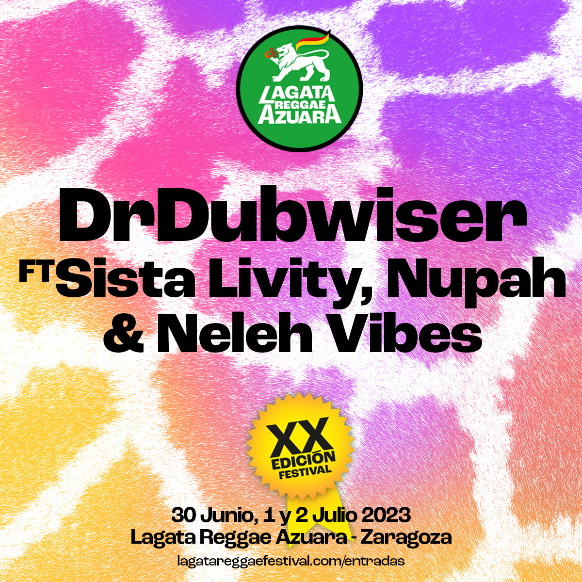 ¡Sista Livity junto a DrDubwiser estará en Lagata Reggae Azuara!
🔥🔥🔥  Conciertos, Acampada, Mercadillo, Actividades del 30 de Junio al 2 de Julio.
Abono completo 35 euros (Acampada gratuita) Abono + Bus 45 euros
lagatareggaefestival.com/entradas
#azuara #campodebelchite #sistalivity