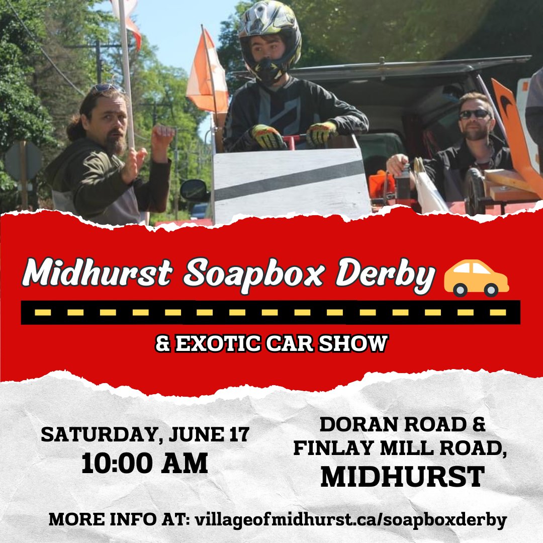 Happening today!

The Midhurst Soapbox races start at 10 am at the Midhurst Community Hall, 74 Doran Road.

Come join us for a day of excitement for the whole family!