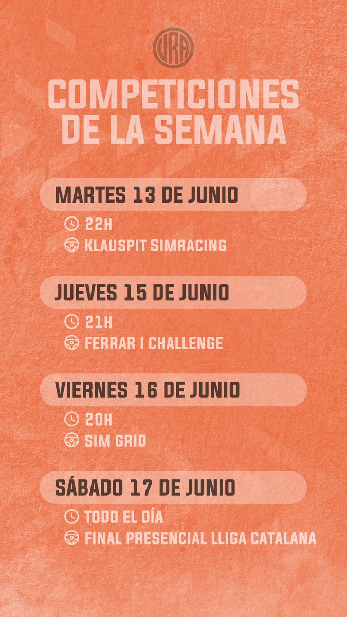 🥳Semana especial para el equipo #RambootVRA. 

😎Este sábado @cram75 estará en la final presencial de @lligaesportscat. 

Estas son el resto de competiciones:
👉Martes 22h: Klauspit
👉Jueves 21h: Ferrari Challenge
👉Viernes 20h: SimGrid

¡Vamos equipo!🫡