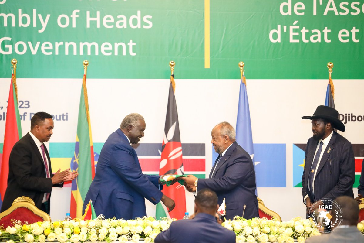 At the conclusion of the Ordinary Summit today, the President of the  Republic of #Djibouti, H.E Ismael Omar Guelleh, took over the Chairmanship  of the regional organisation after Sudan's term came to an end and  following a decision by the Assembly of #IGAD Heads of State &amp;
