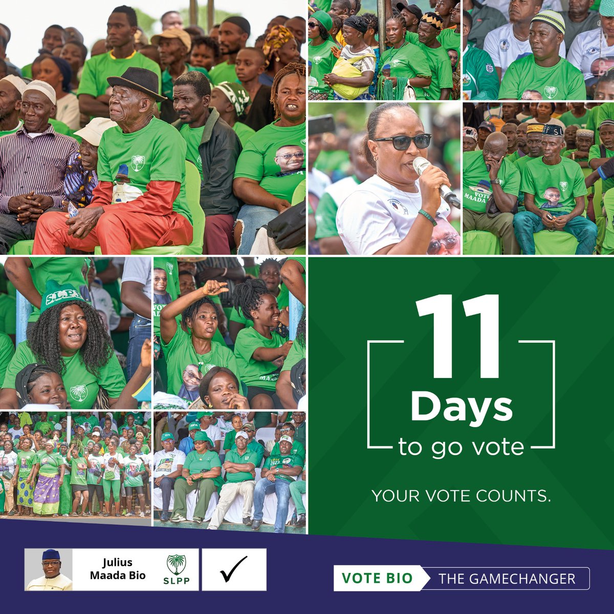 11 Days to go... VOTE Julius Maada Bio - the game-changer. The man that always puts Salone first. Vote the right way; vote Maada Bio! 

#GameChanger
#SierraLeone #SLPPDelivers #SierraLeoneDecides2023 #5MoreYears #OneCountryOnePeople