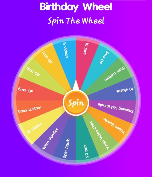 1 pic. 🎂Birthday Wheel Spin🎂

Spin the wheel and win a prize every time!

$25 per spin!

$60 for 3 spins

⭐️Prizes: